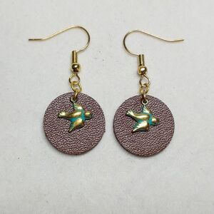 Earrings Small Round Brown Leather w/ Gold Birds